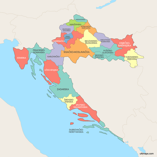 Preview of Colored Map of Croatia Counties with Surrounding Areas