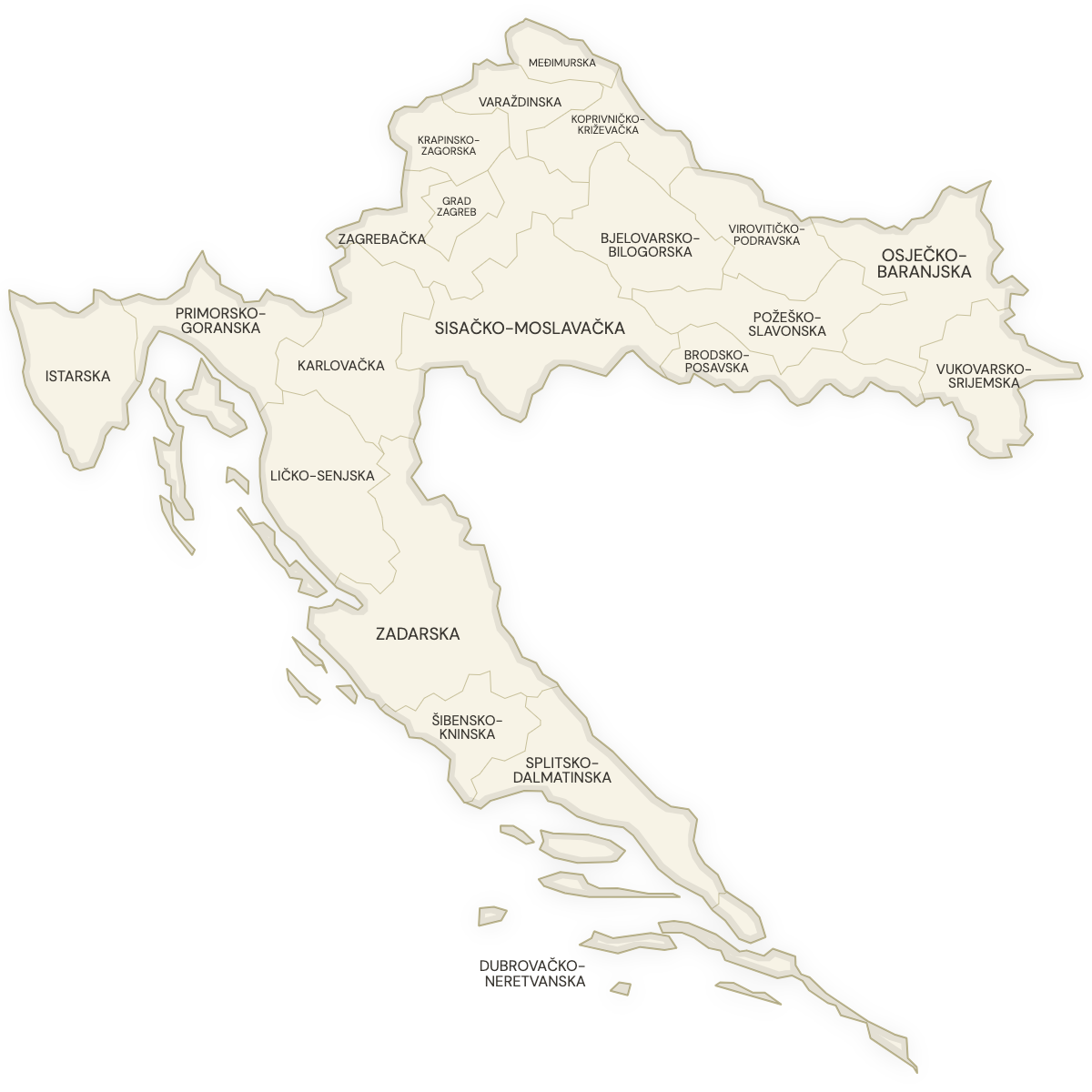 Blank map of Croatia with labeled Counties
