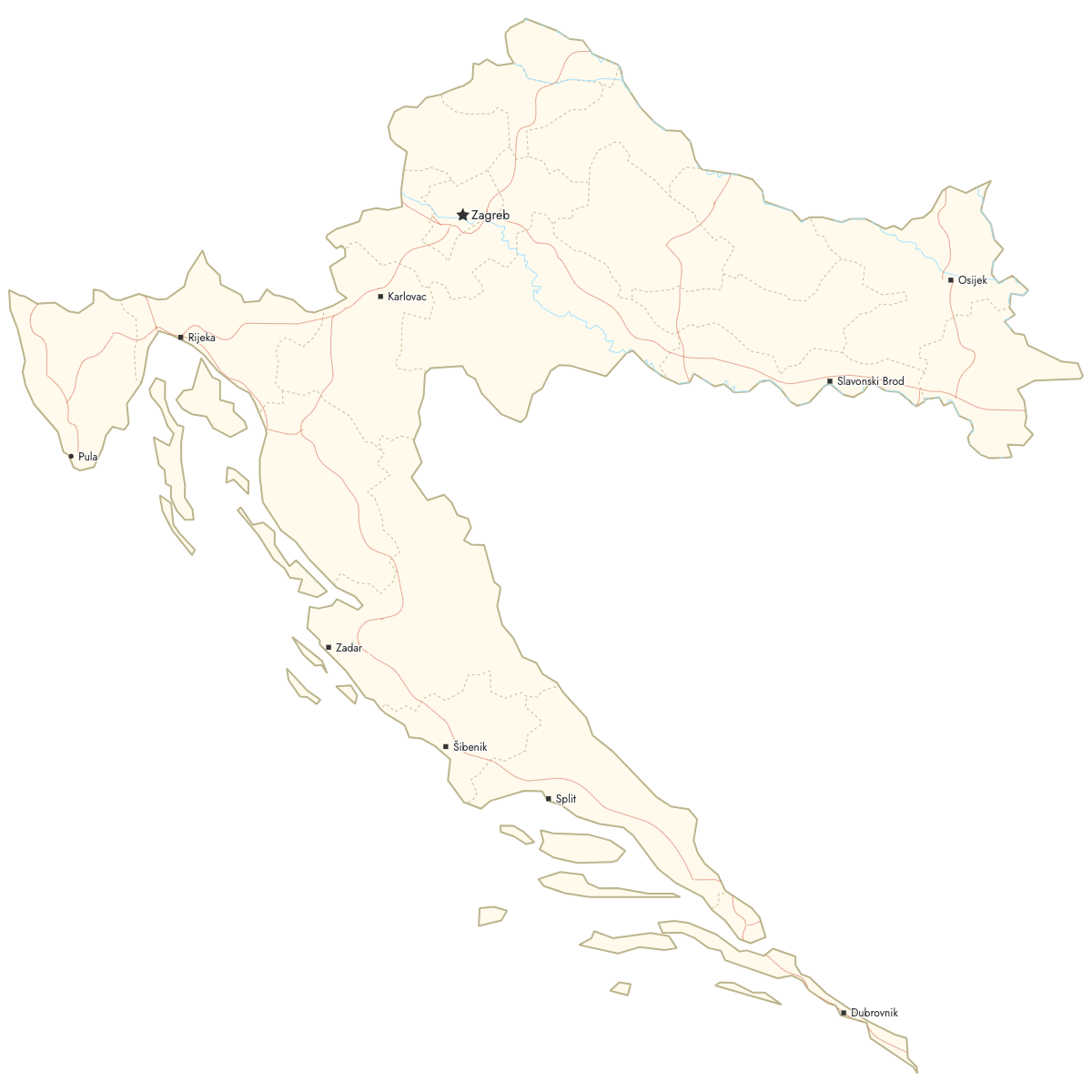 Custom Map of Croatia Counties with Cities