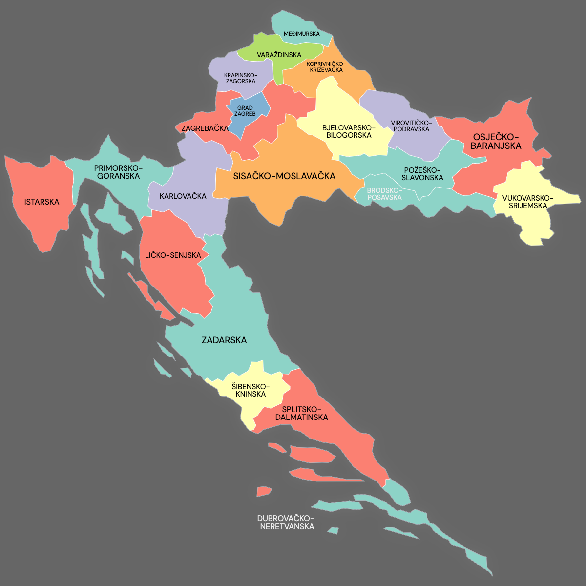 Dark themed map of Croatia with Counties