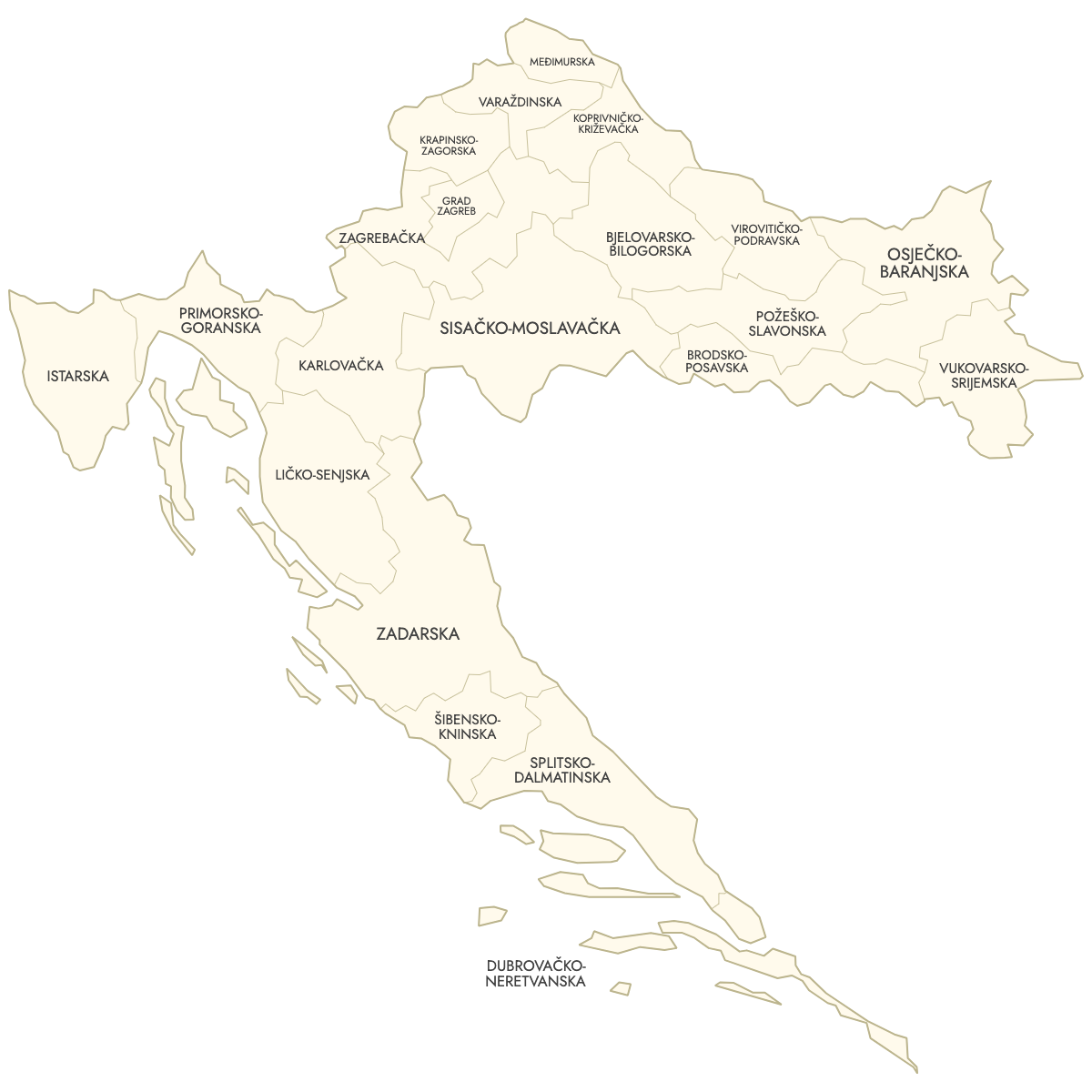 Unstyled Map of Croatia Counties With Labels