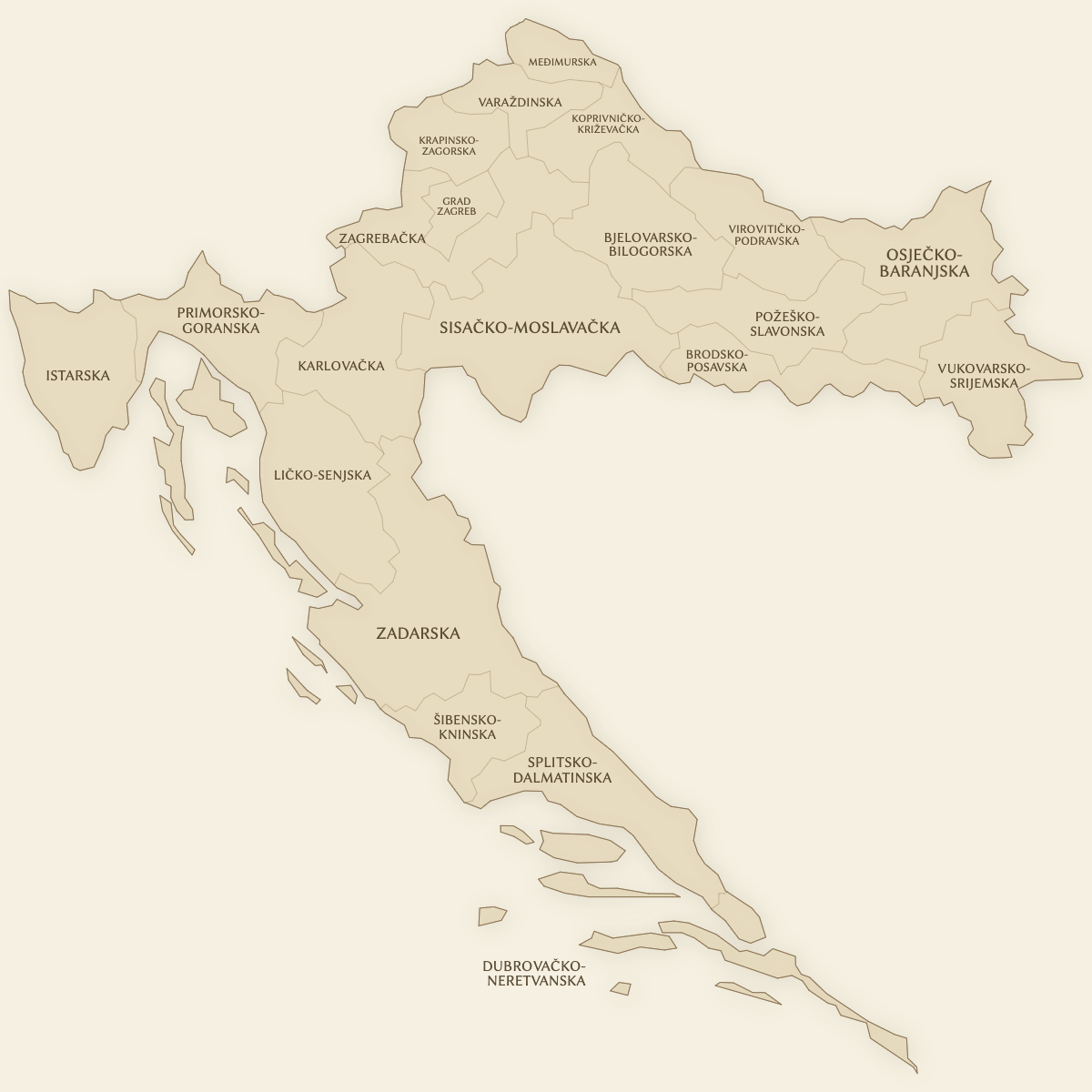 Vintage styled map of Croatia with Counties