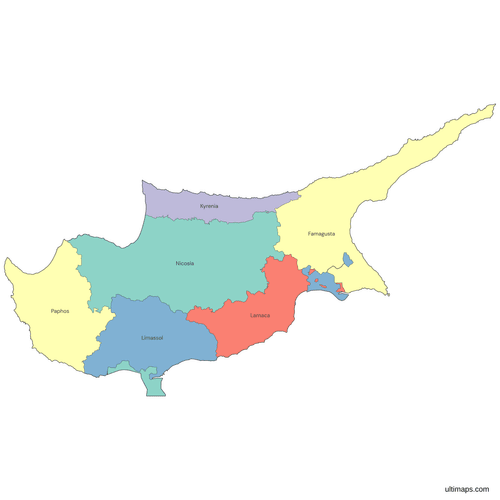 Colored Cyprus Map with Districts