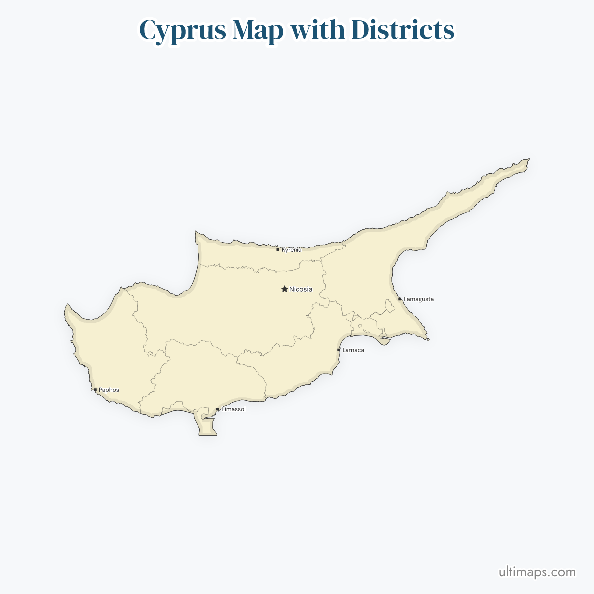 Cyprus Map with Districts showing region borders