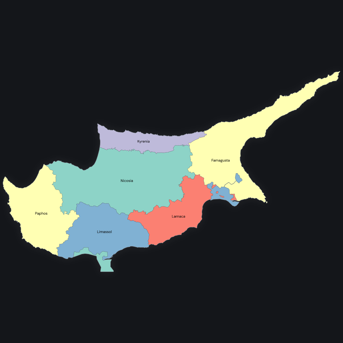 Dark themed map of Cyprus with Districts