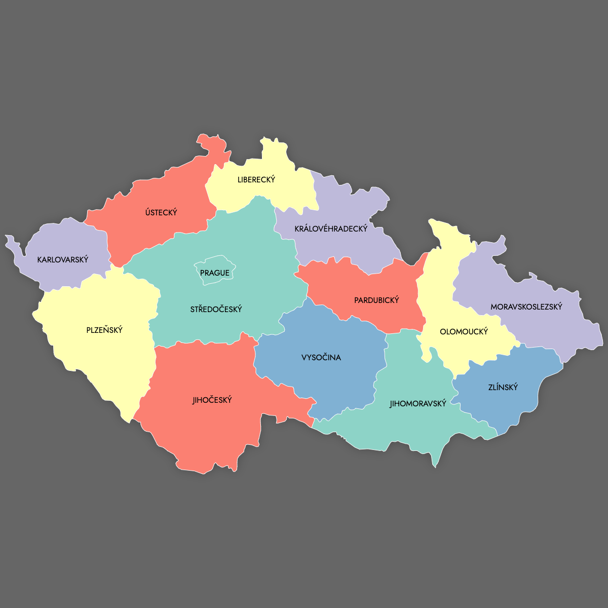 Custom Map of Czech Republic Regions with Labels (Dark Theme)