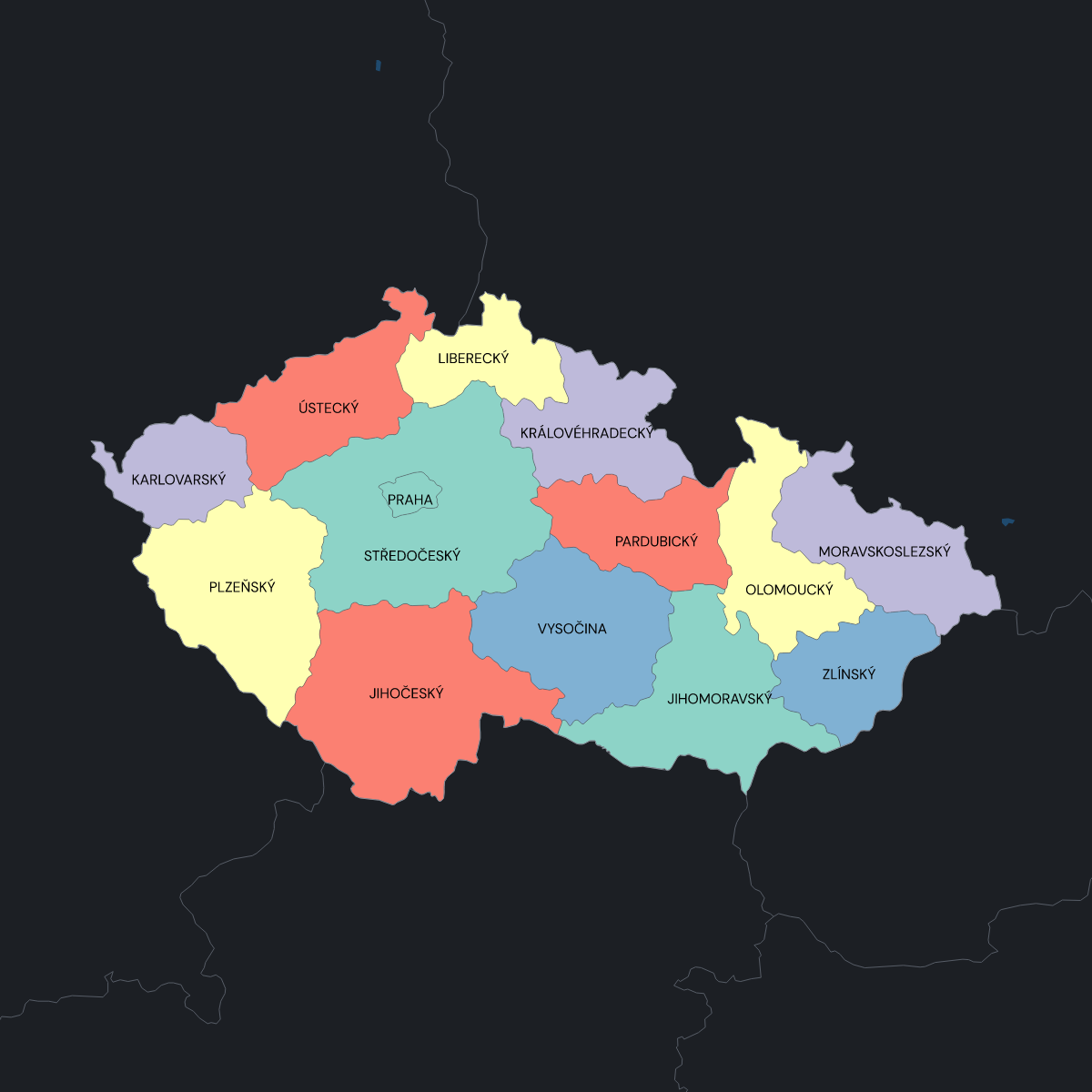 Dark themed map of the Czech Republic with Regions