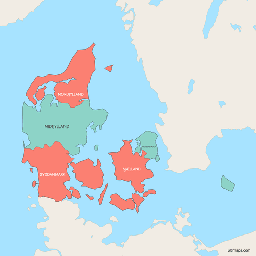 Preview of Colored Map of Denmark Regions with Surrounding Areas