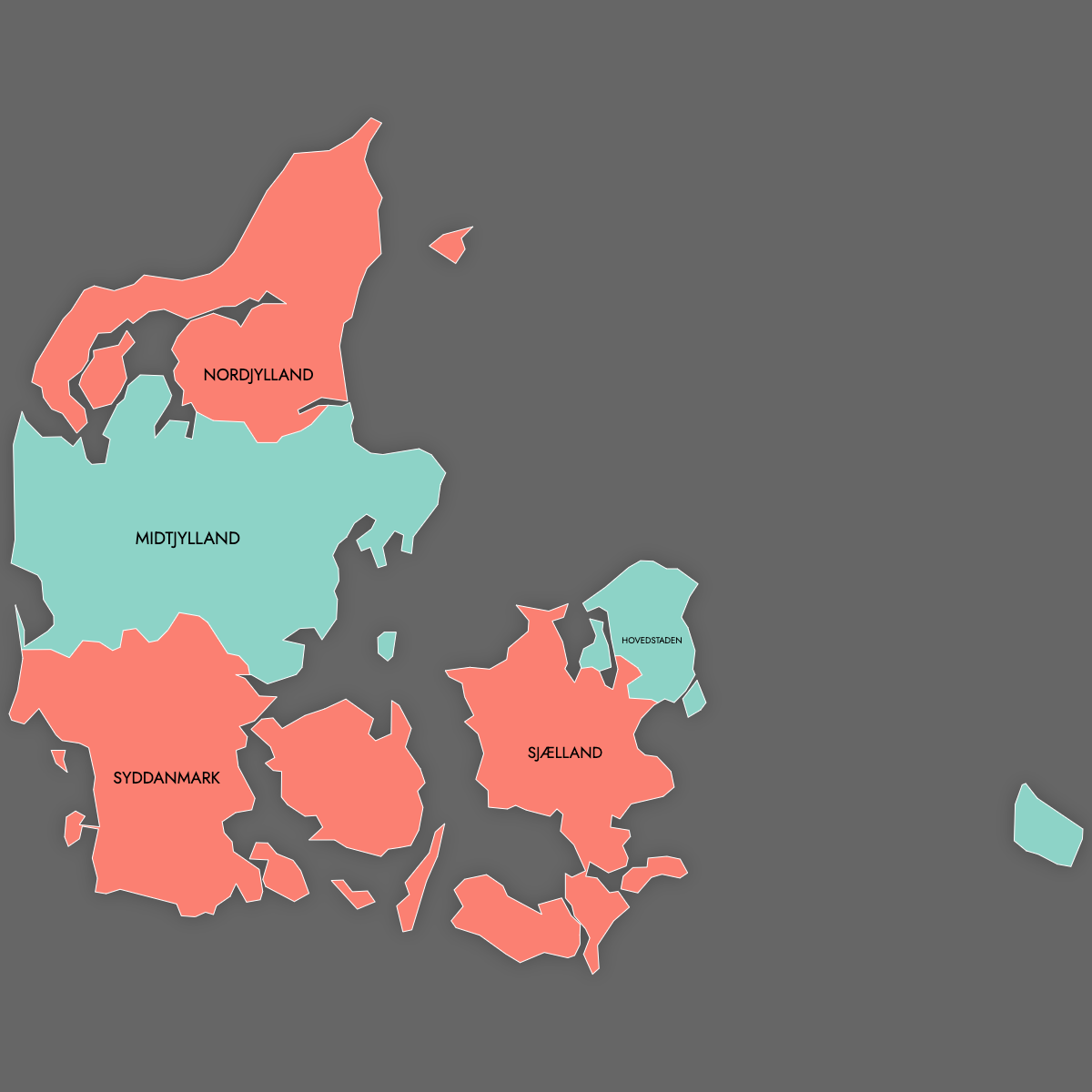 Custom Map of Denmark Regions with Labels (Dark Theme)