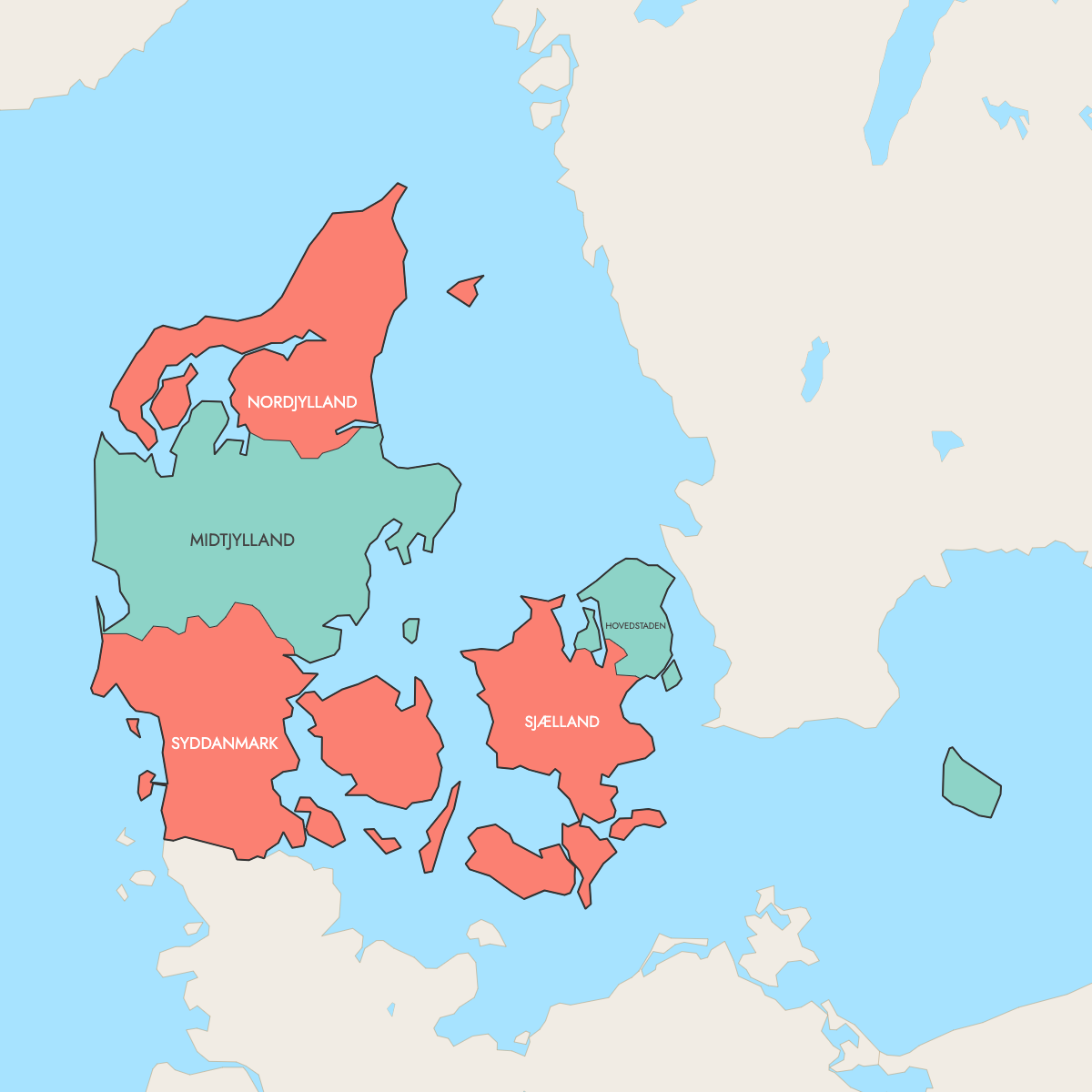 Custom Map of Denmark Regions with Surrounding Areas
