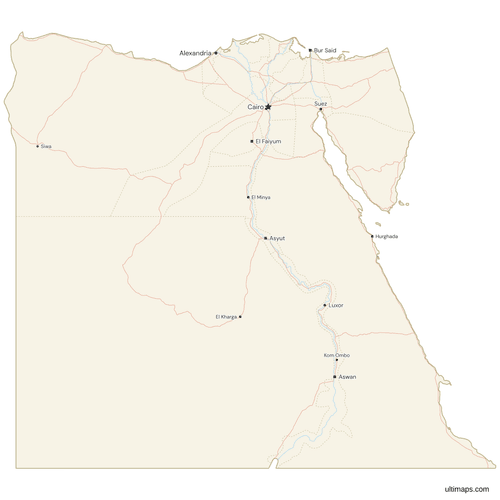 Map of Egypt with Cities and Roads