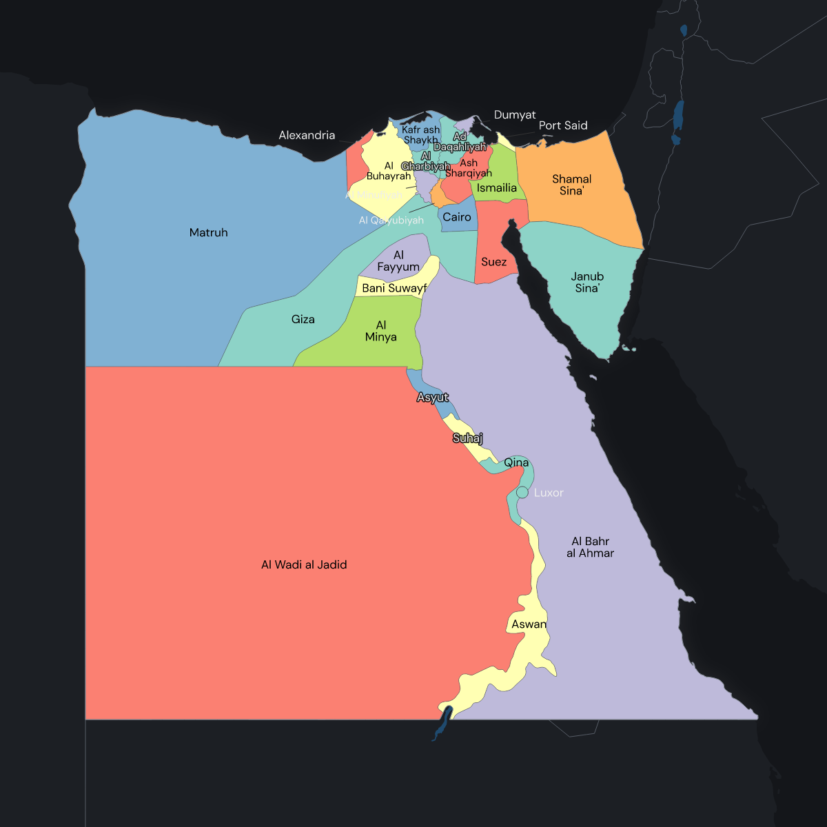 Dark themed map of Egypt with Governorates