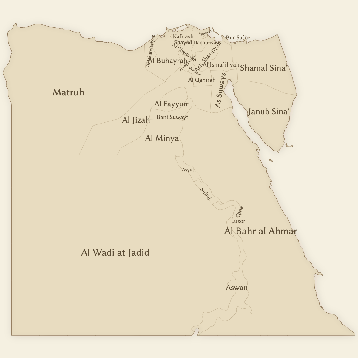 Styled Map of Egypt Governorates (Vintage Theme)