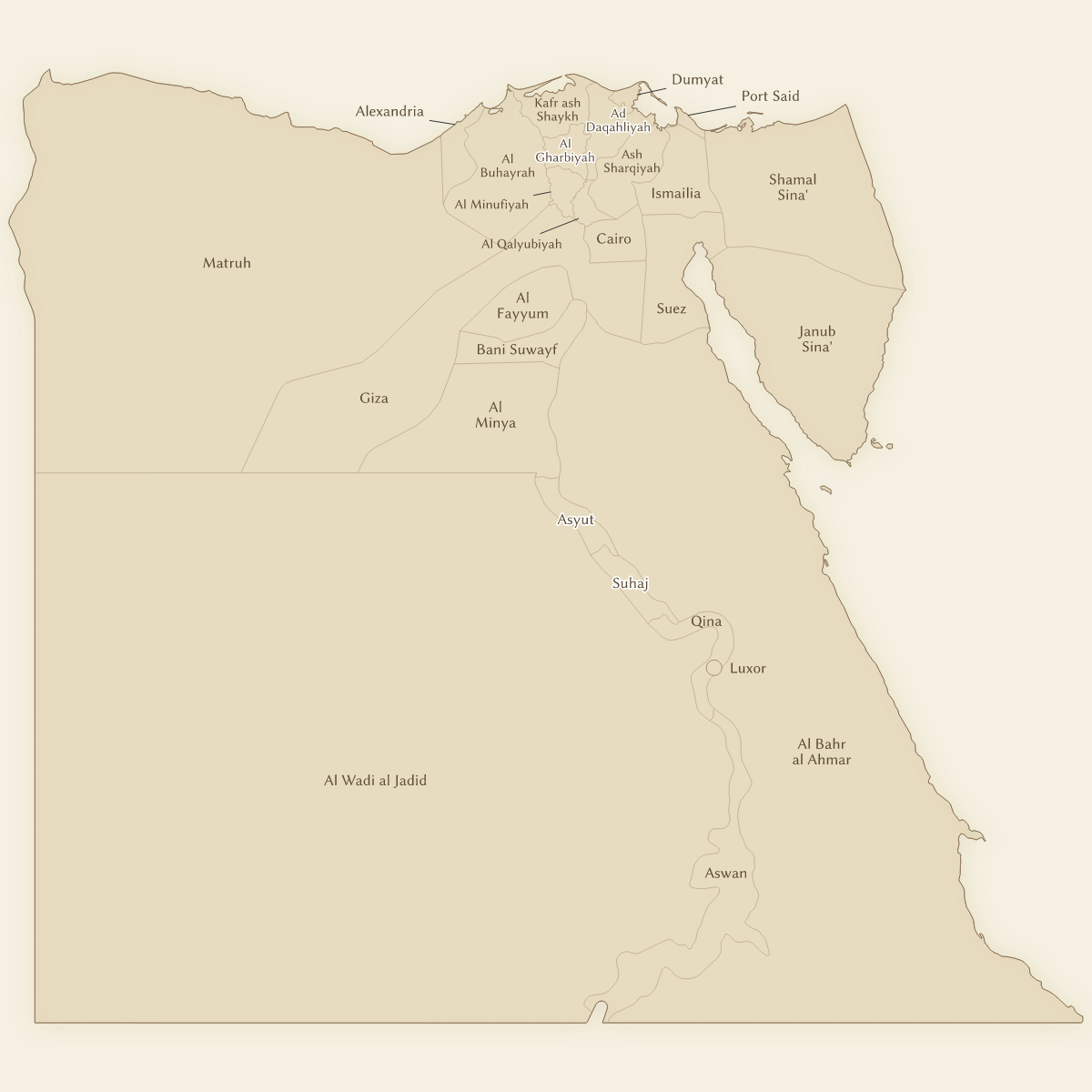 Vintage styled map of Egypt with Governorates