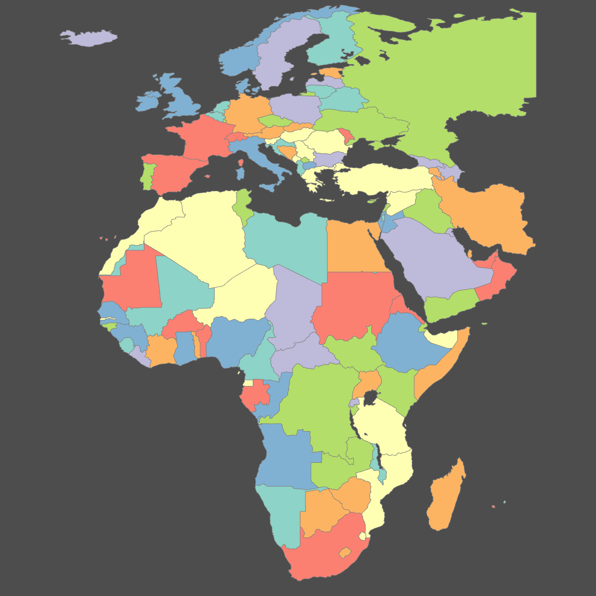 Colored Map of EMEA countries (Dark Theme)