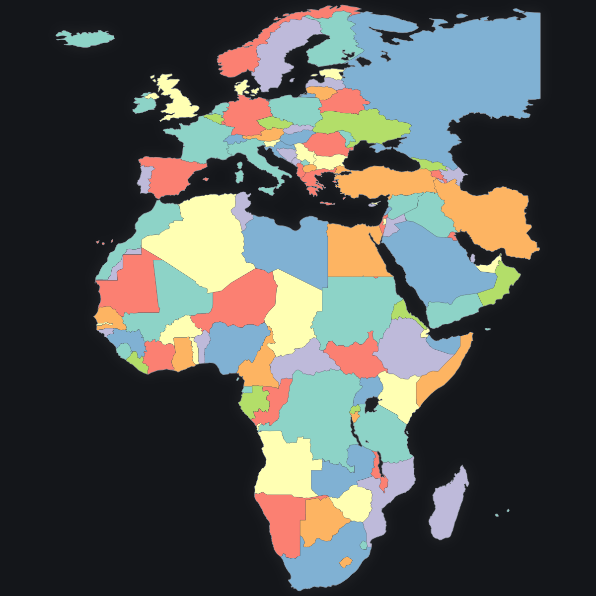 Dark themed map of EMEA with Countries