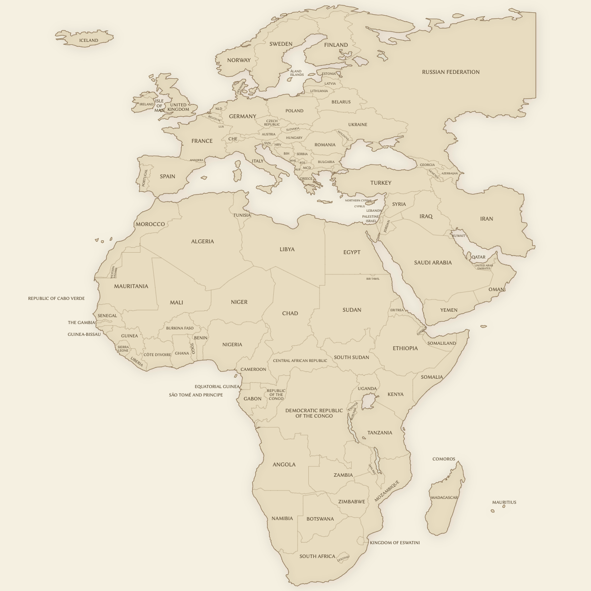 Styled Map of EMEA Countries (Vintage Theme)