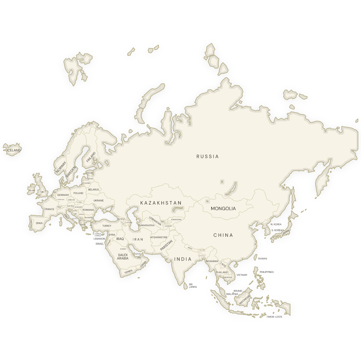 Blank map of Eurasia with labeled Countries