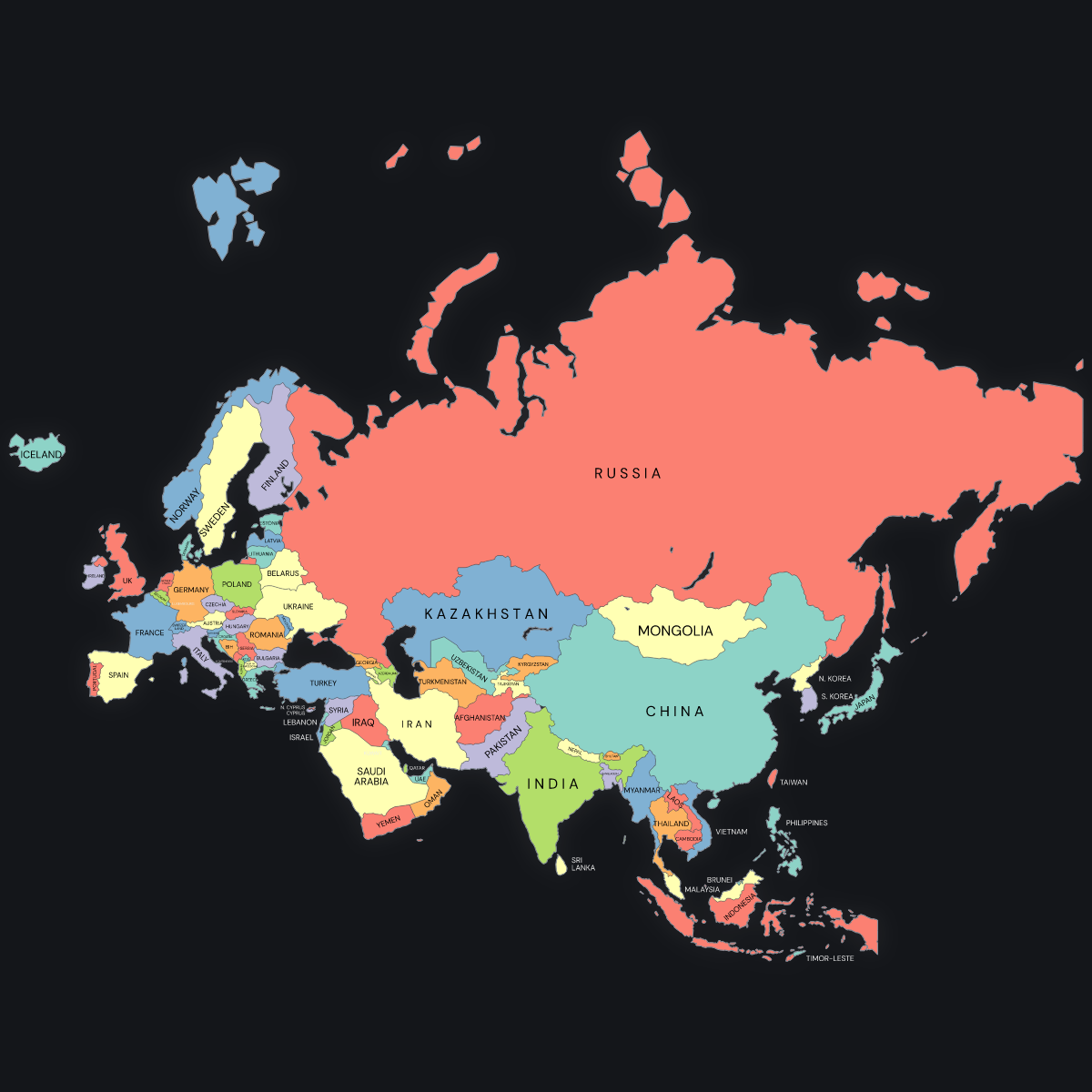 Dark themed map of Eurasia with Countries