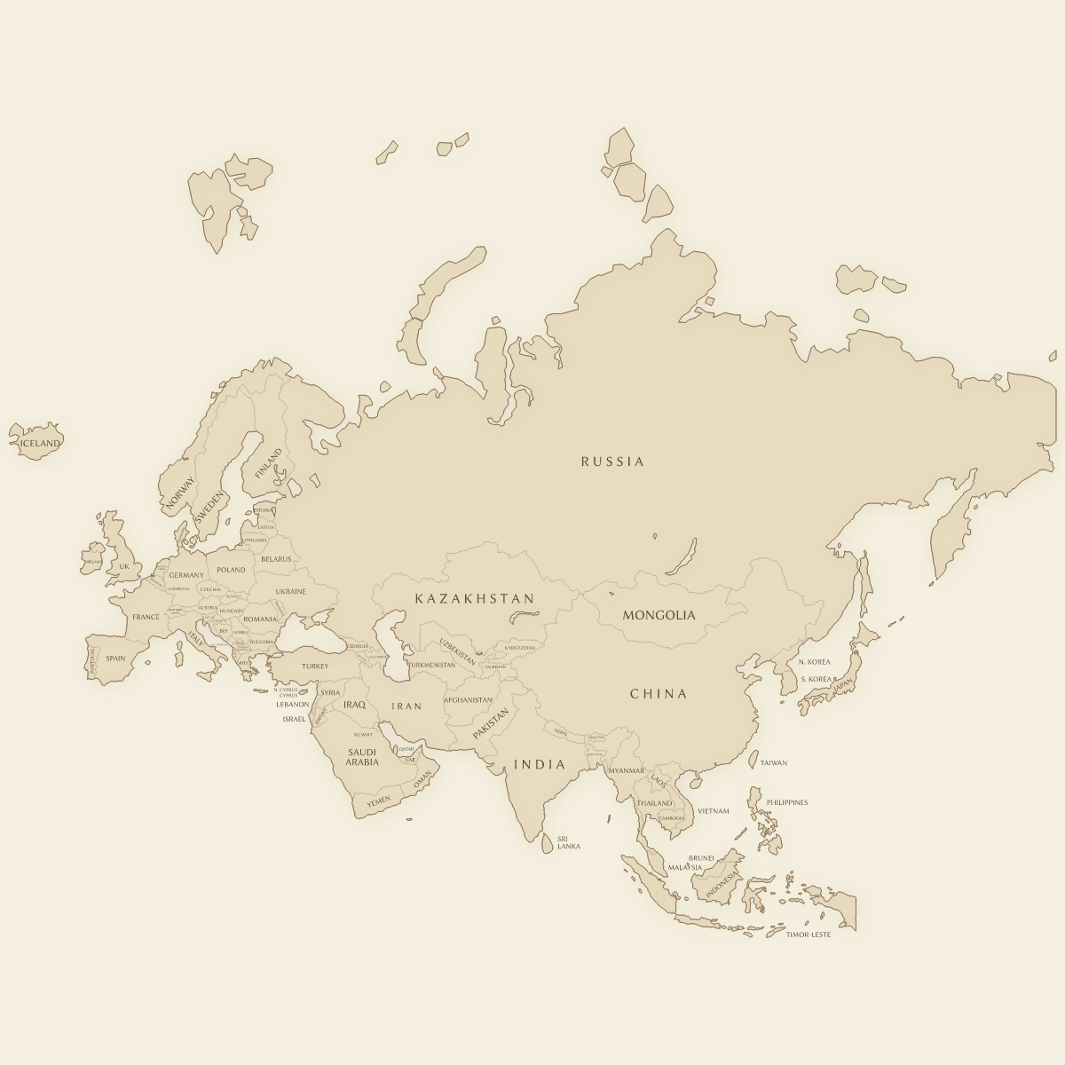 Vintage styled map of Eurasia with Countries