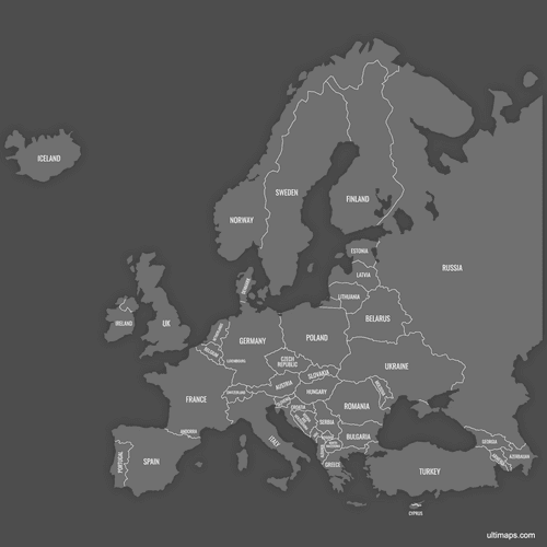 Preview of Labeled Map of Europe Countries (Dark)