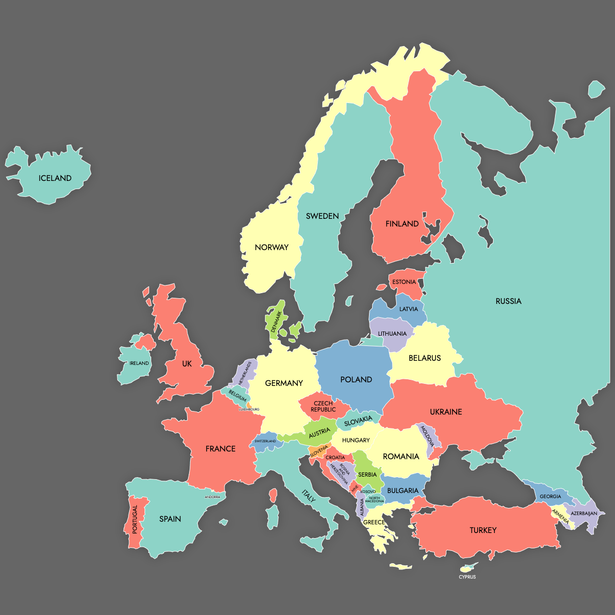 Custom Map of Europe Countries with Labels (Dark Theme)