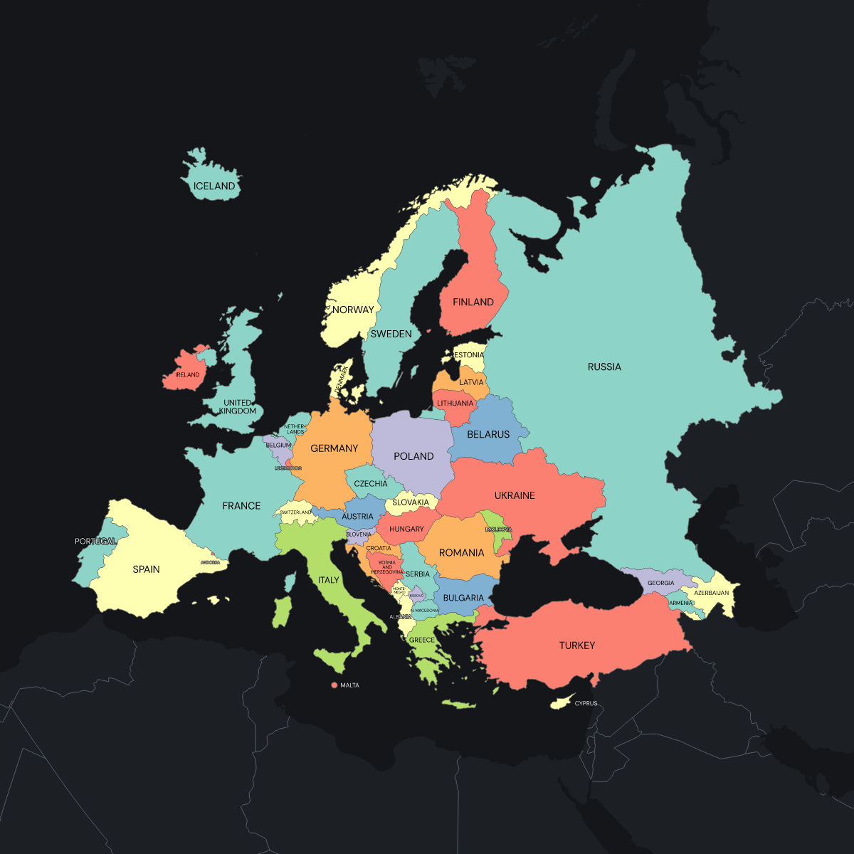 Dark themed map of Europe with Countries