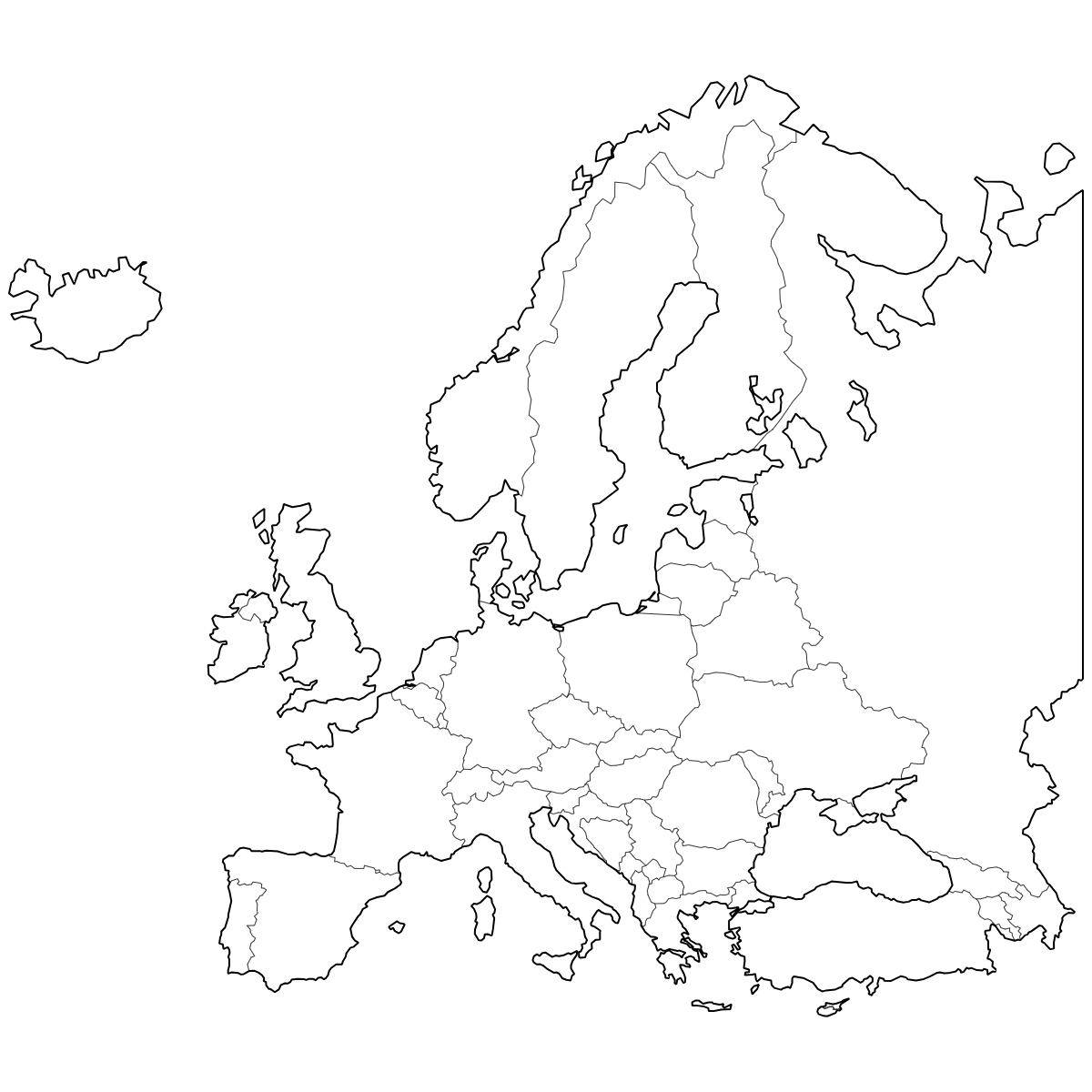 Outlined Map of Europe Countries