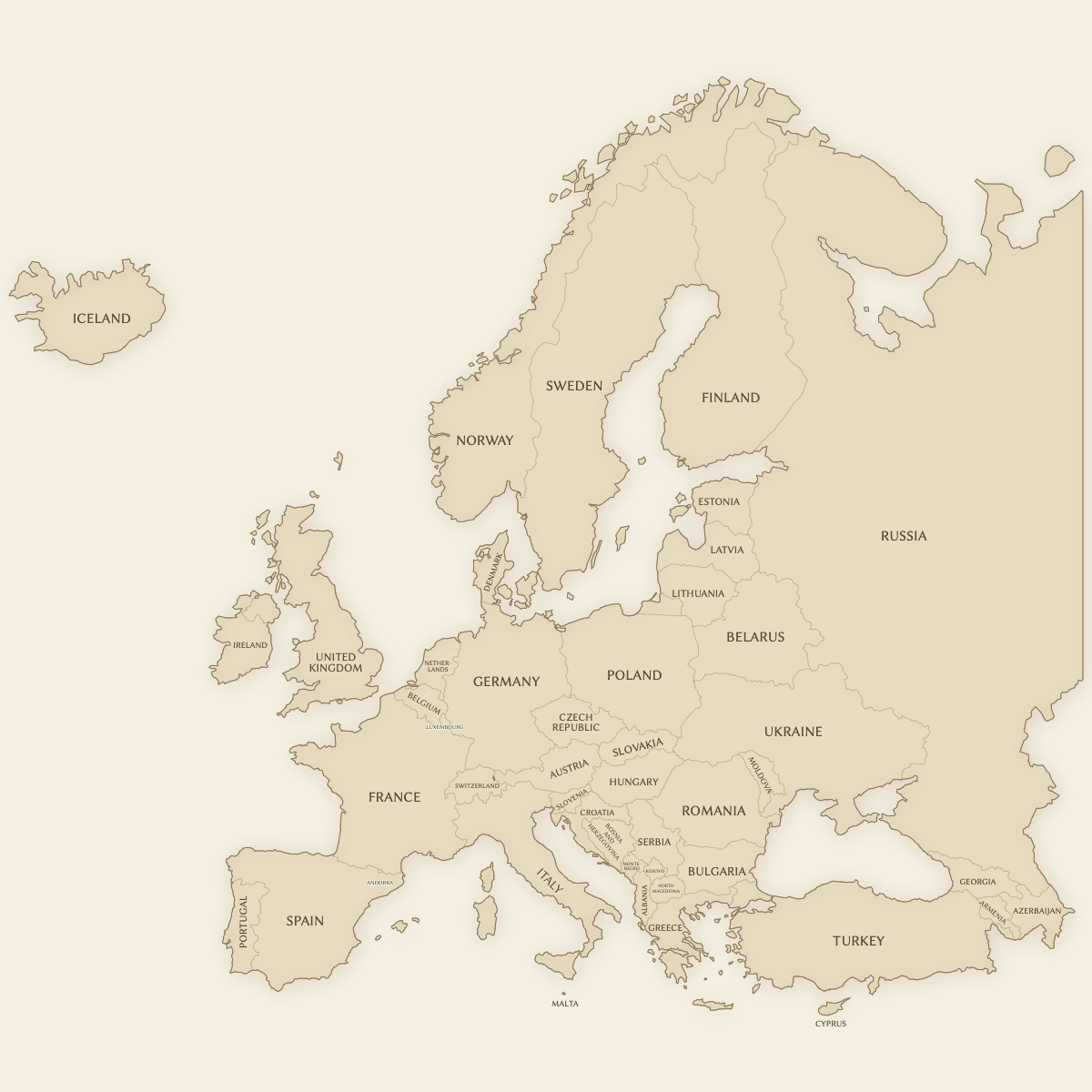Styled Map of Europe Countries (Vintage Theme)