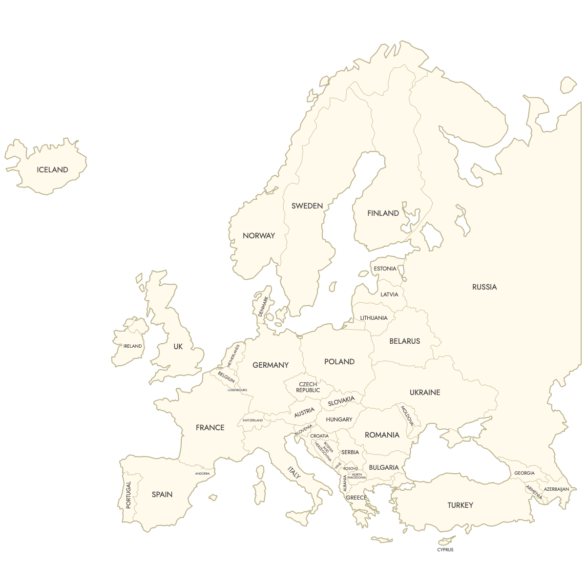 Unstyled Map of Europe Countries With Labels