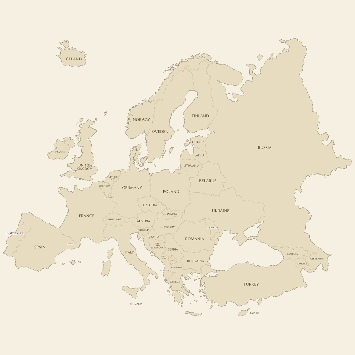 Vintage styled map of Europe with Countries