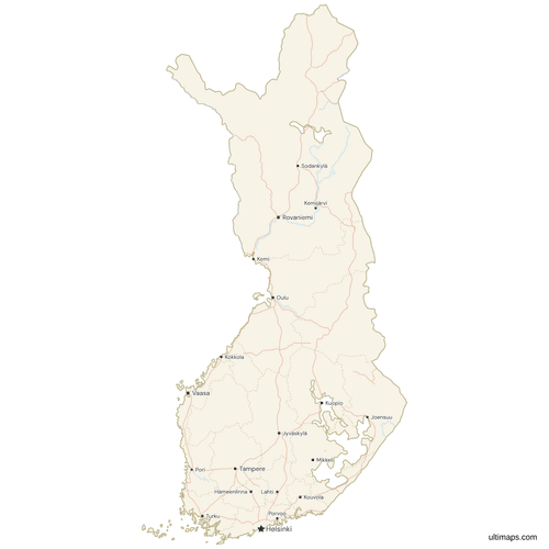 Map of Finland with Cities and Roads