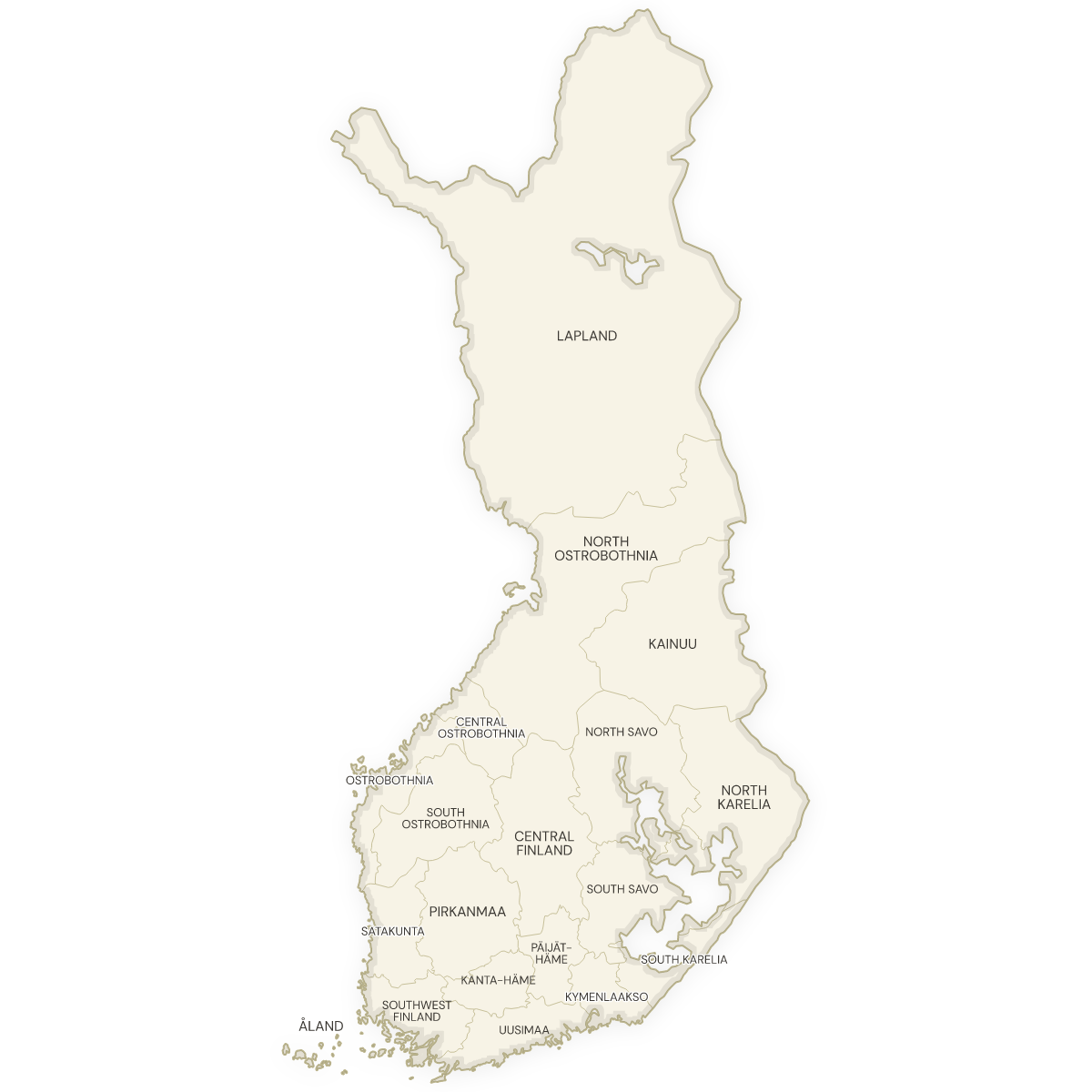 Blank map of Finland with labeled Regions