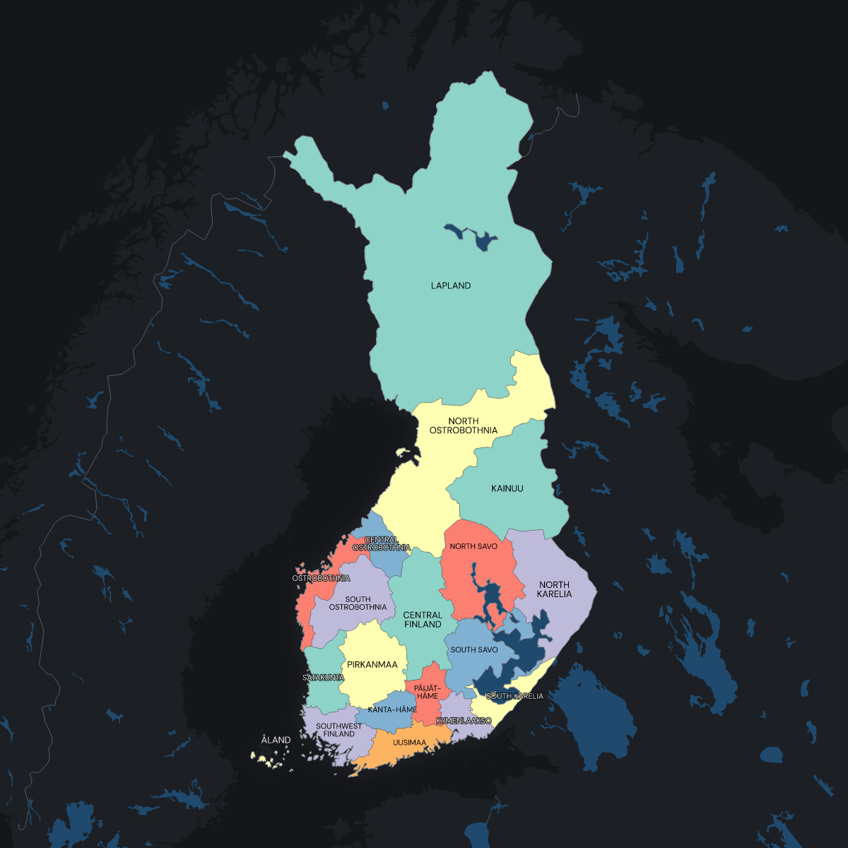 Dark themed map of Finland with Regions