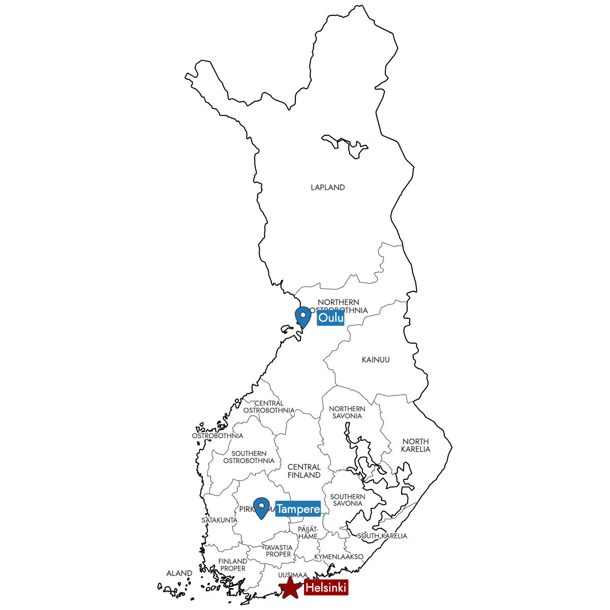 Map of Finland Regions with Pins