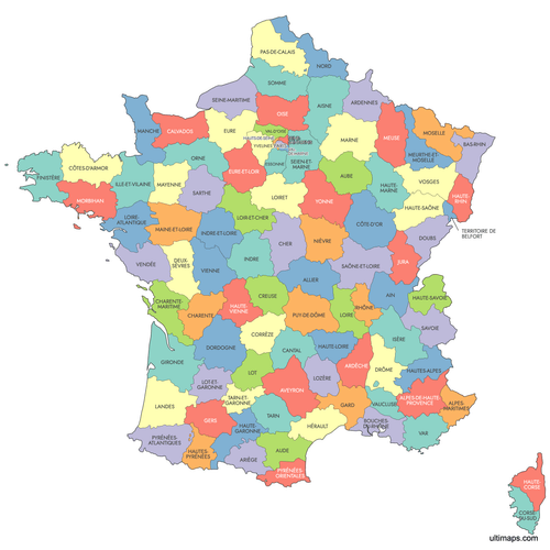 Preview of Labeled Map of France Departments