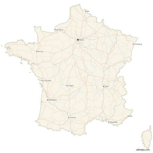 Map of France with Cities and Roads