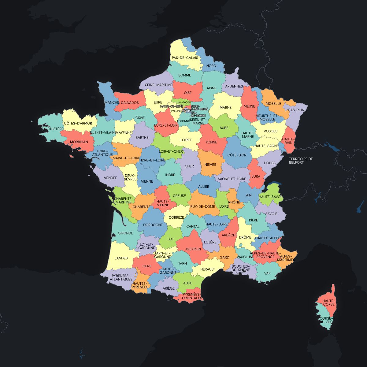 Dark themed map of France with Departments