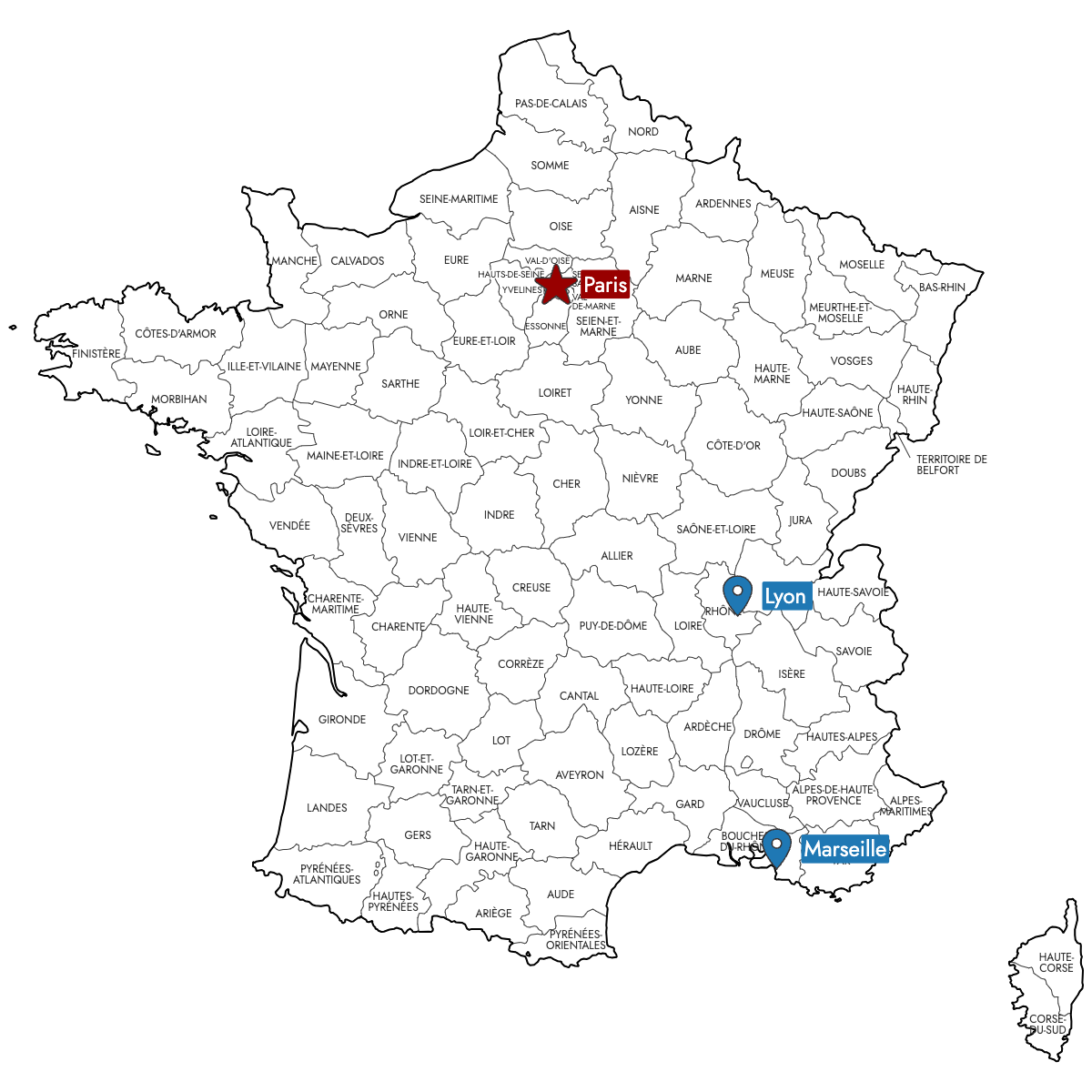 Map of France Departments with Pins