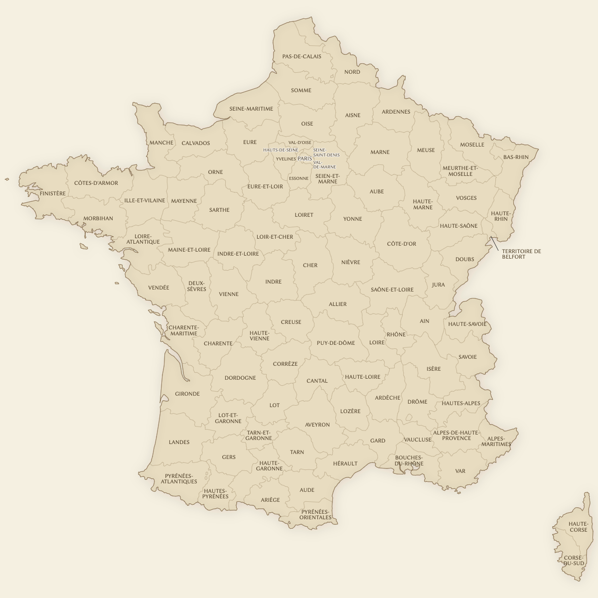 Styled Map of France Departments (Vintage Theme)