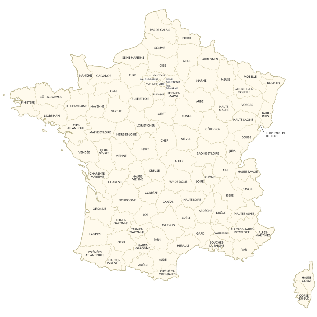 Unstyled Map of France Departments With Labels