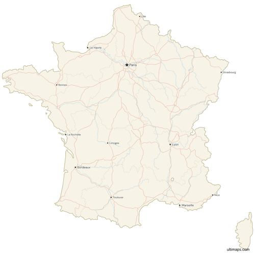 Map of France with Cities and Roads