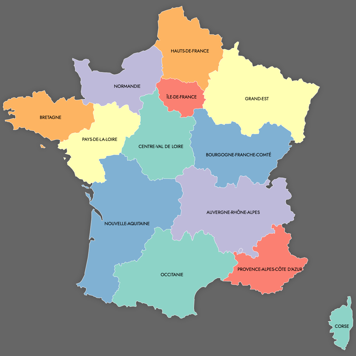 Custom Map of France Regions with Labels (Dark Theme)