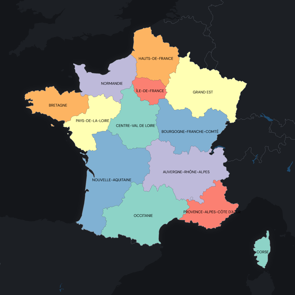 Dark themed map of France with Regions