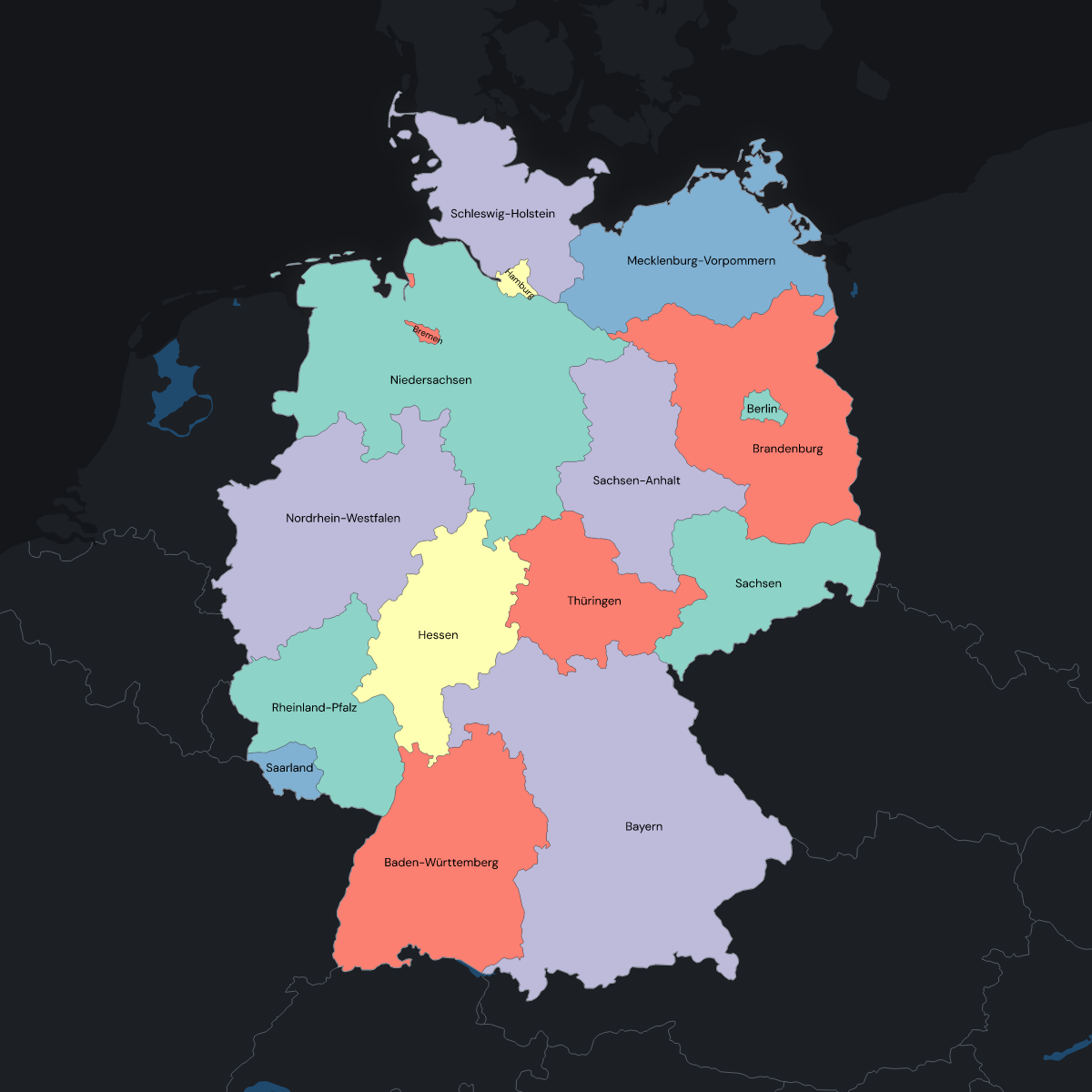 Dark themed map of Germany with States