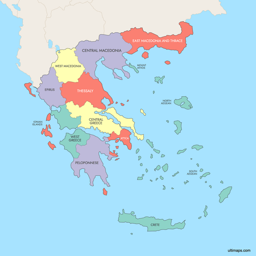 Preview of Colored Map of Greece Regions with Surrounding Areas