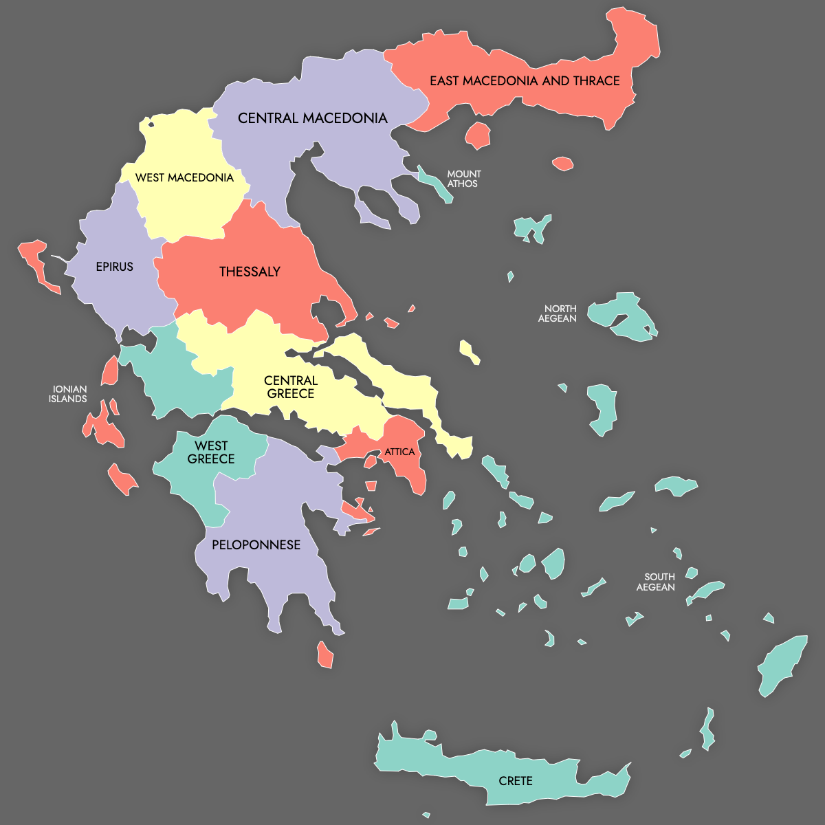 Custom Map of Greece Regions with Labels (Dark Theme)