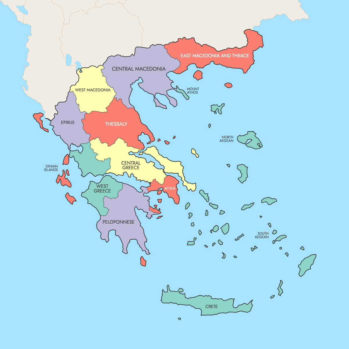 Custom Map of Greece Regions with Surrounding Areas