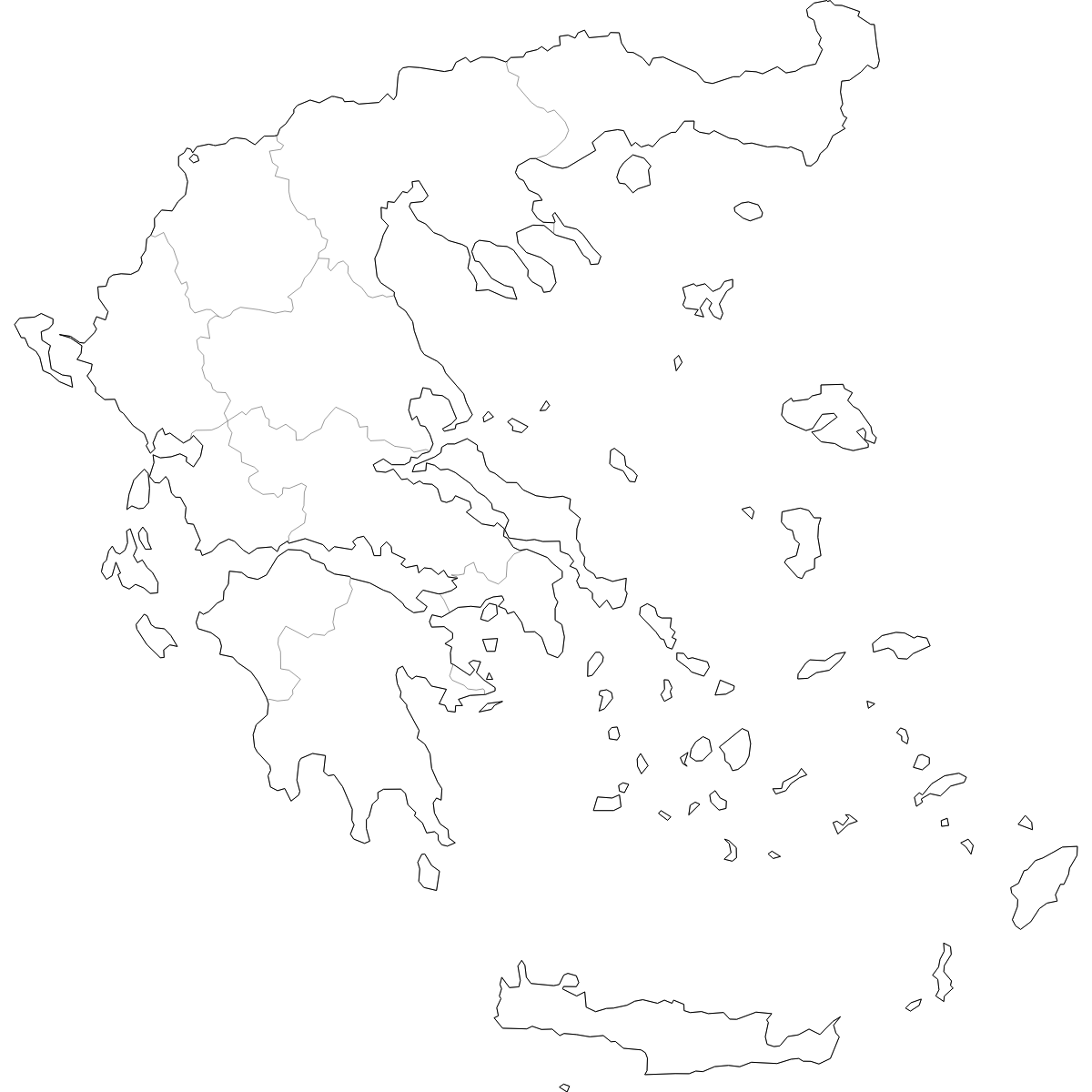 Blank outline map of Greece showing region borders