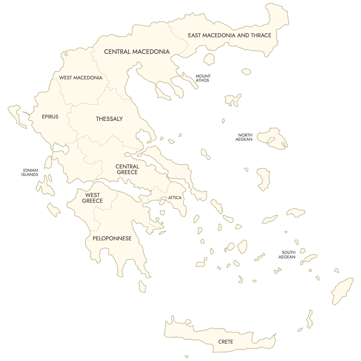 Unstyled Map of Greece Regions With Labels
